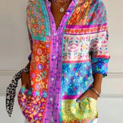 Plus Size Floral Printed Button Down Down Casual Blouse Loose V-Neck Single Row Button Long Sleeve Shirt