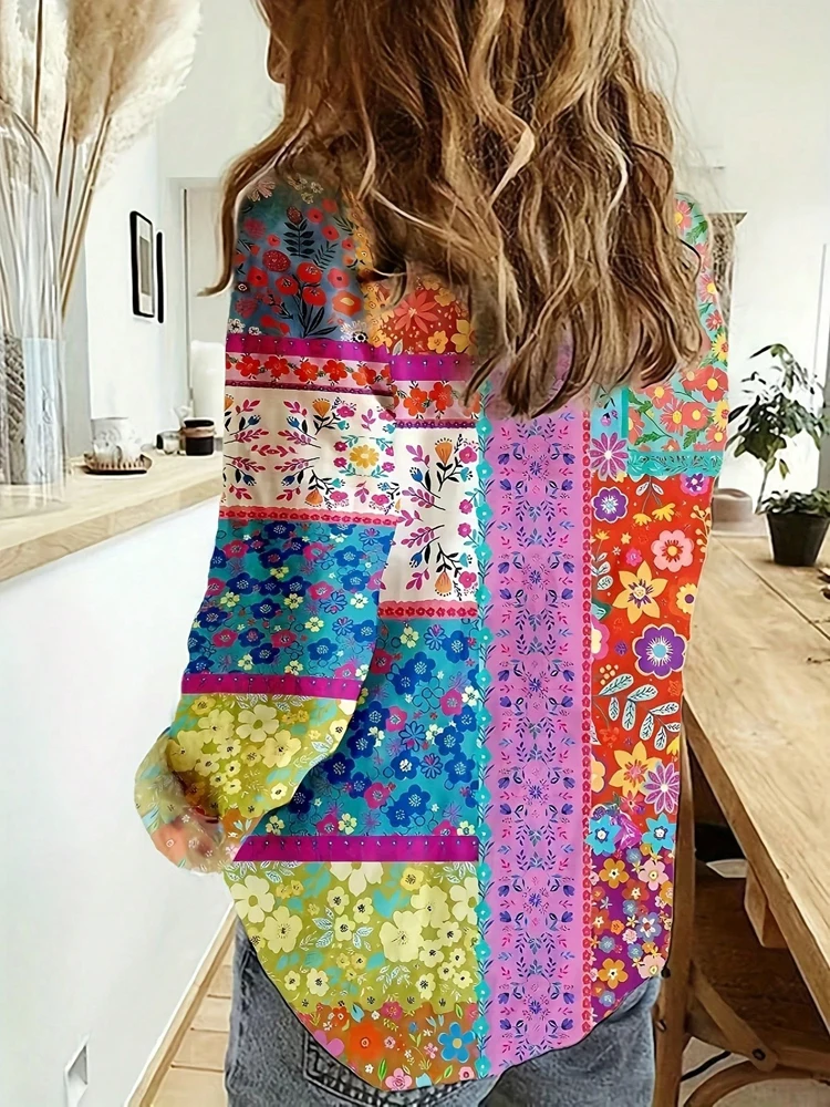 Plus Size Floral Printed Button Down Down Casual Blouse Loose V-Neck Single Row Button Long Sleeve Shirt