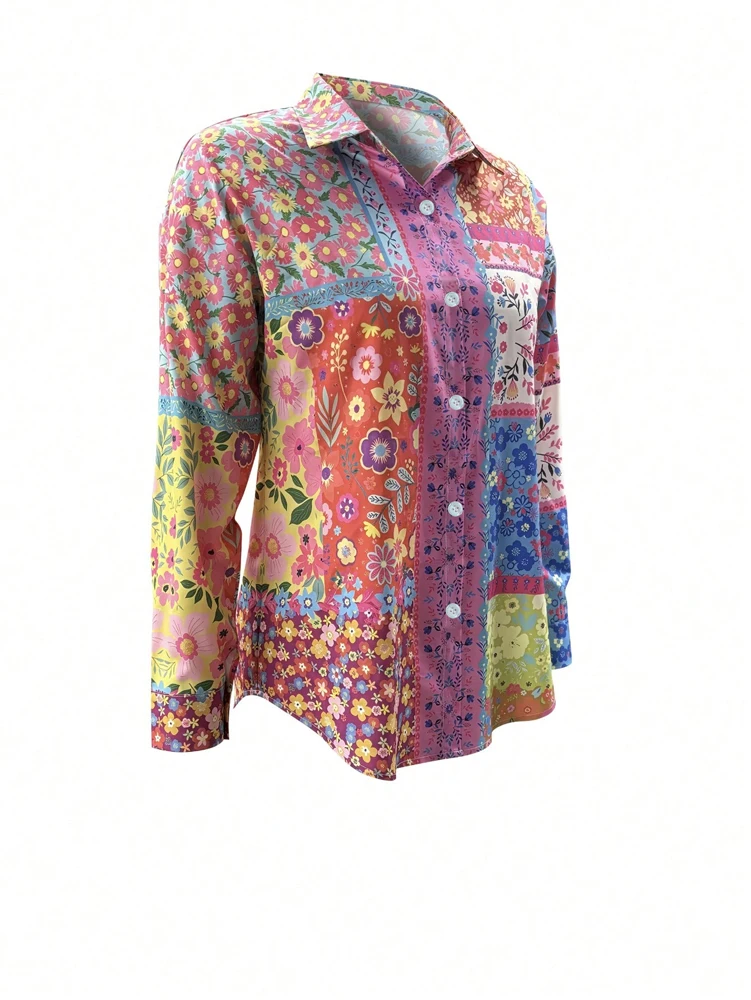 Plus Size Floral Printed Button Down Down Casual Blouse Loose V-Neck Single Row Button Long Sleeve Shirt