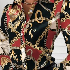 Women Fashion Wild Shirts Chain/Floral/Letter/Geometric Square Print Turn-Down Collar Long Sleeve Blouses