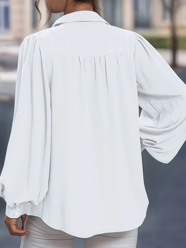 Plus Size Women's Front Open Button Lantern Sleeve Shirt Casual Solid Colour Peplum Collar Shirt Women's Clothing
