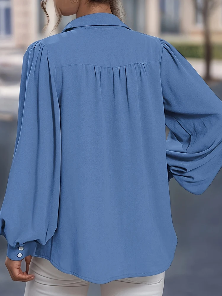 Plus Size Women's Front Open Button Lantern Sleeve Shirt Casual Solid Colour Peplum Collar Shirt Women's Clothing