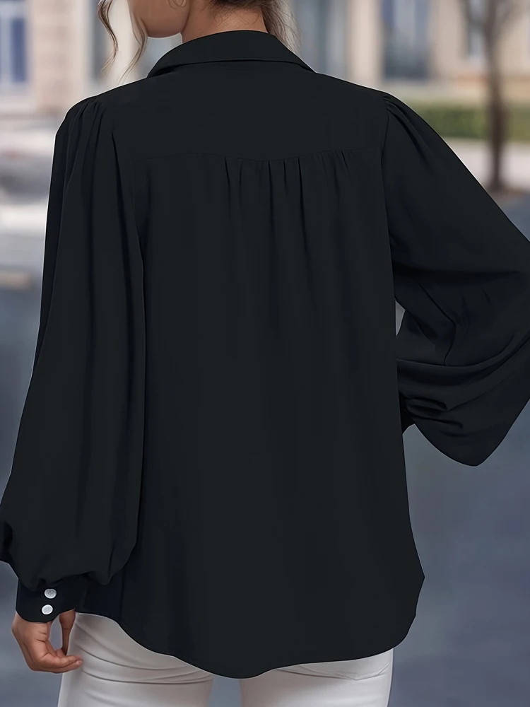 Plus Size Women's Front Open Button Lantern Sleeve Shirt Casual Solid Colour Peplum Collar Shirt Women's Clothing