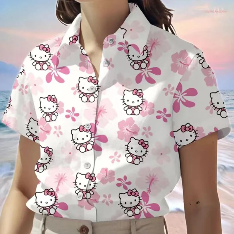 Women’s Hello Kitty Print Lapel Hawaiian Shirt