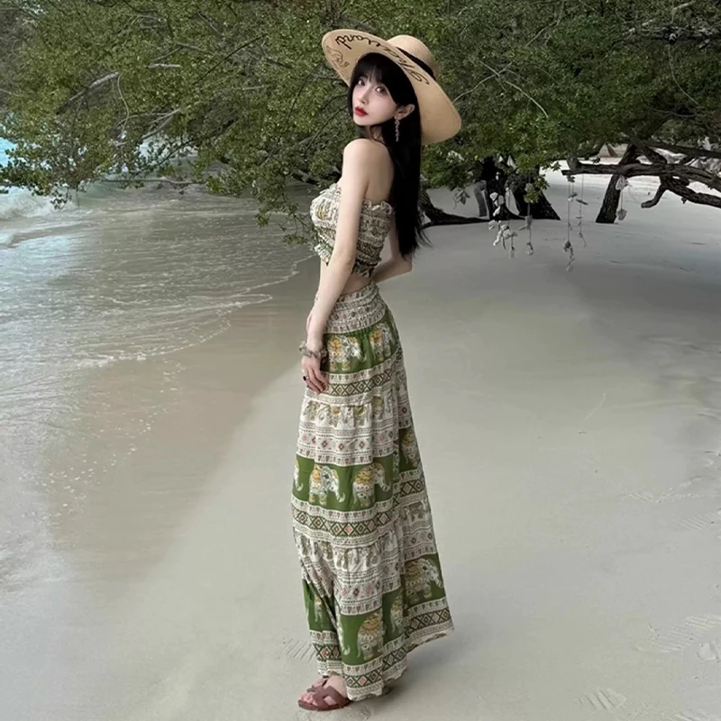 ​​Bohemian Beach Swimsuit Set Handmade Print Wrap Skirt Crochet Top Strapless Swimsuit Thailand Vacation Summer Resort Wear​​