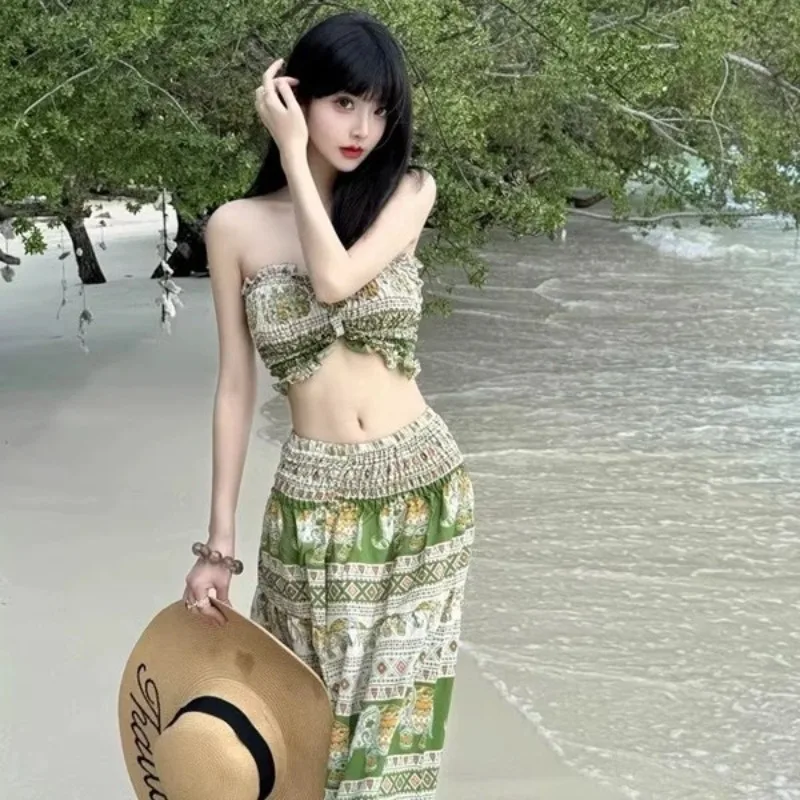 ​​Bohemian Beach Swimsuit Set Handmade Print Wrap Skirt Crochet Top Strapless Swimsuit Thailand Vacation Summer Resort Wear​​