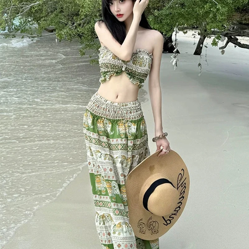 ​​Bohemian Beach Swimsuit Set Handmade Print Wrap Skirt Crochet Top Strapless Swimsuit Thailand Vacation Summer Resort Wear​​
