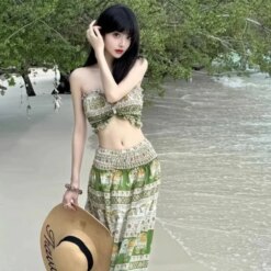 ​​Bohemian Beach Swimsuit Set Handmade Print Wrap Skirt Crochet Top Strapless Swimsuit Thailand Vacation Summer Resort Wear​​
