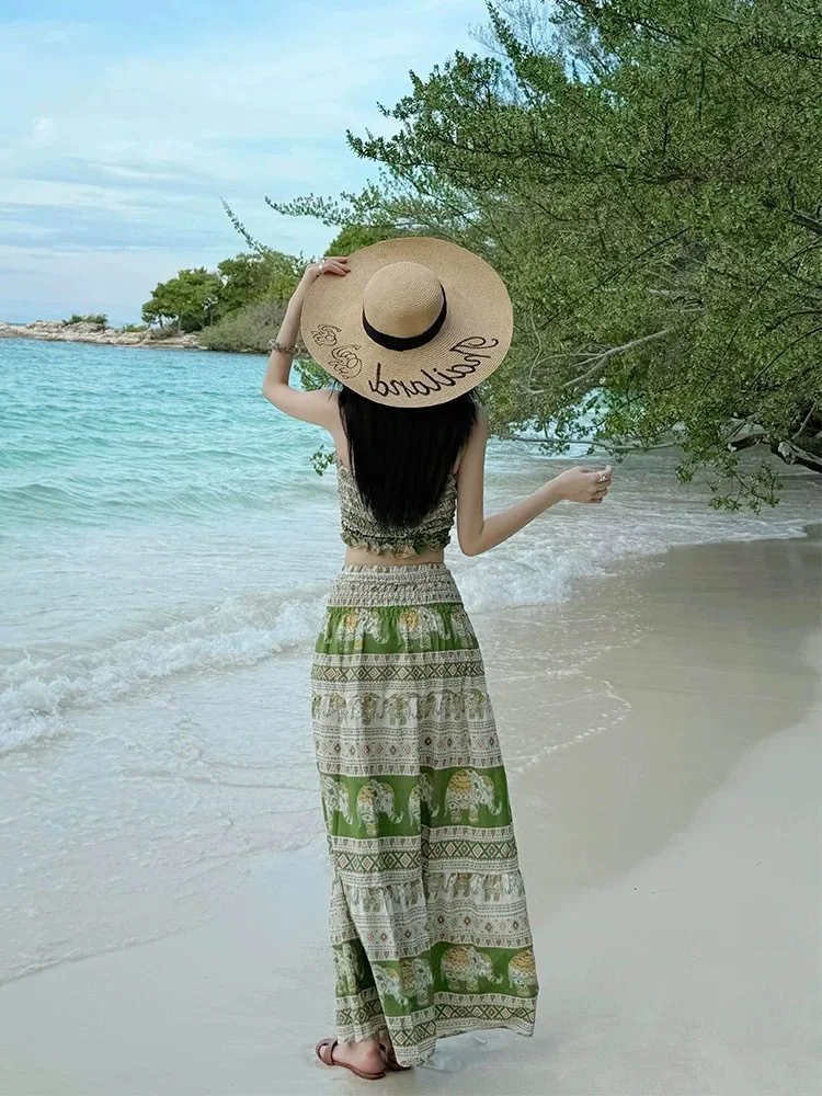 ​​Bohemian Beach Swimsuit Set Handmade Print Wrap Skirt Crochet Top Strapless Swimsuit Thailand Vacation Summer Resort Wear​​