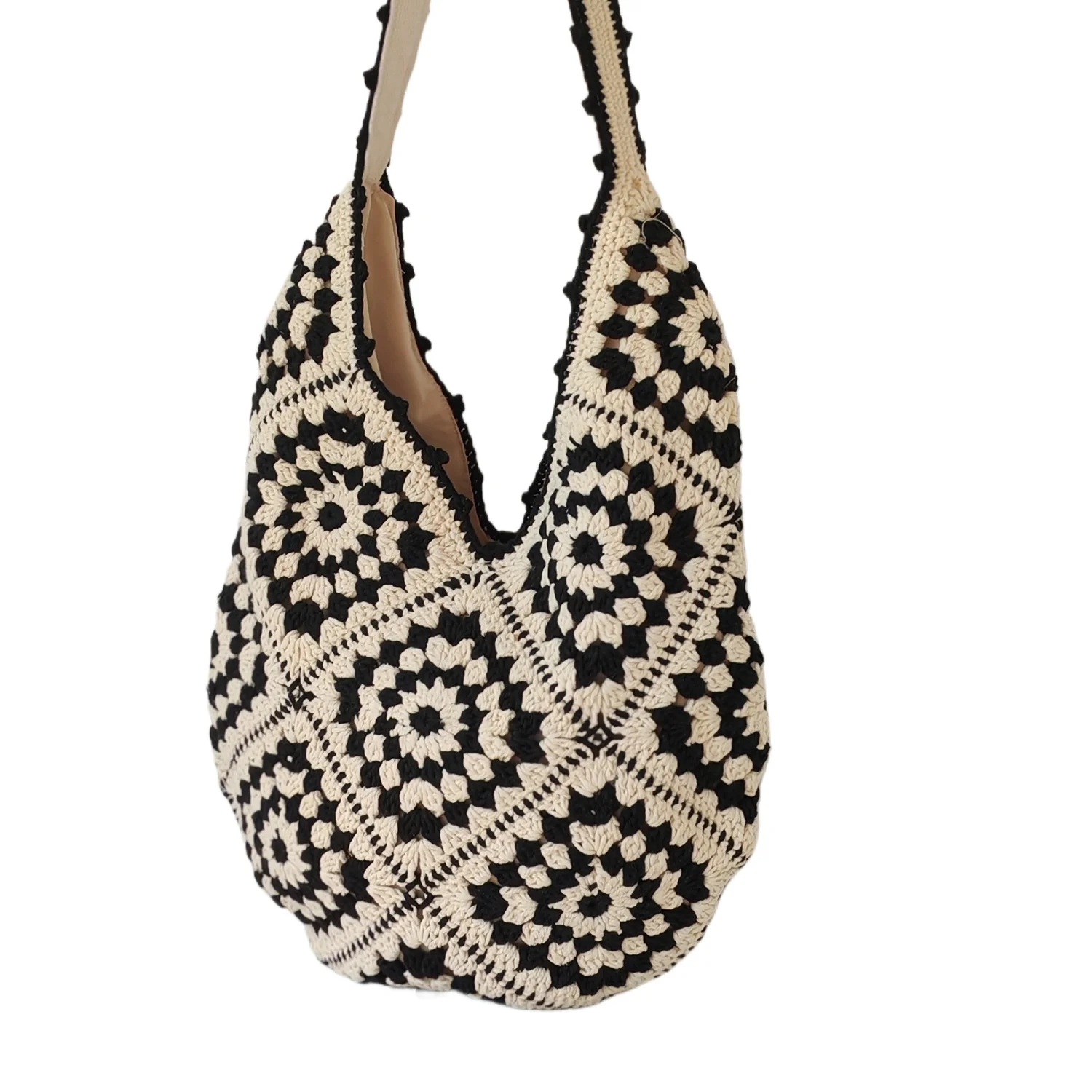 Handmade Crochet Granny Square Shoulder Bag – Vintage Boho Knitted Tote, Black & White Retro Hobo Bag for Women